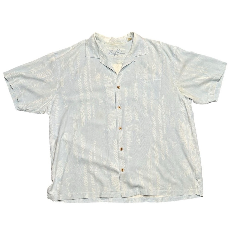 Tommy Bahama Hawaiian Shirt Palm Tree Leaves Men's Blue 100% Silk Short Sleeve